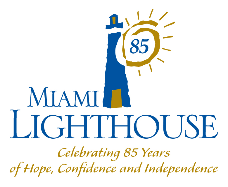 Lighthouse with the number 85 next to it. Text reads 'Miami Lighthouse, Celebrating 85 years of hope, confidence and independence.'